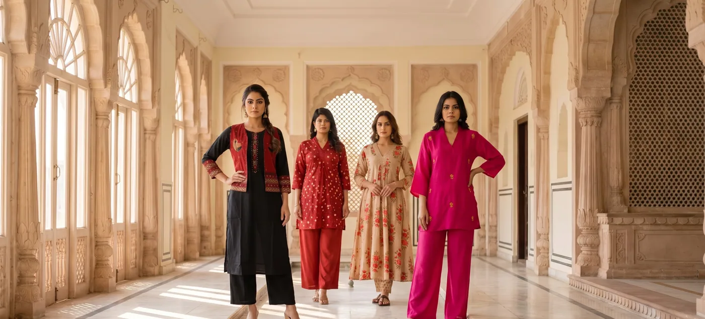 Four women in different Chulbuli pieces — black jacket set, red bandhani, beige floral anarkali, magenta co-ord — standing together in a Jaipur haveli