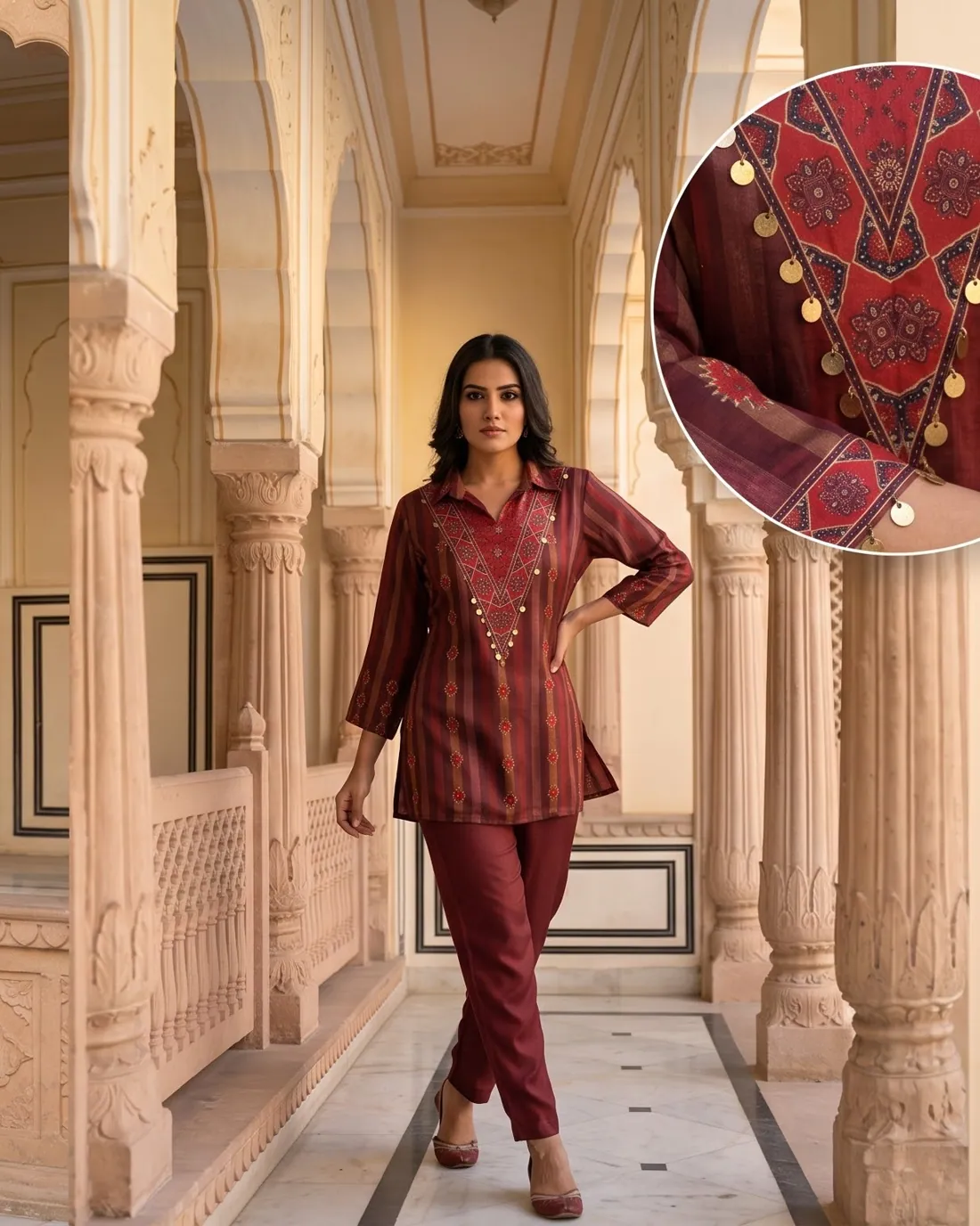 A woman in a magenta Chulbuli co-ord standing in a sandstone courtyard