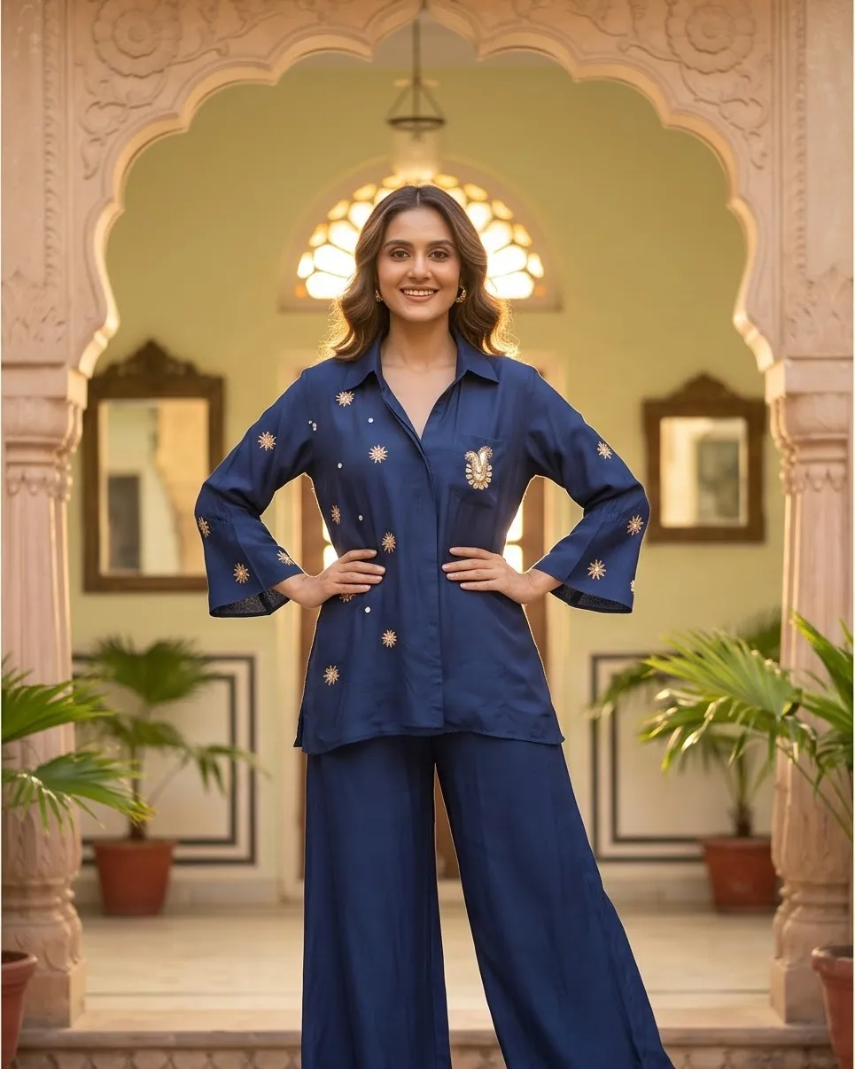 A woman in a navy Chulbuli silk co-ord, hands on hips, in a Jaipur haveli