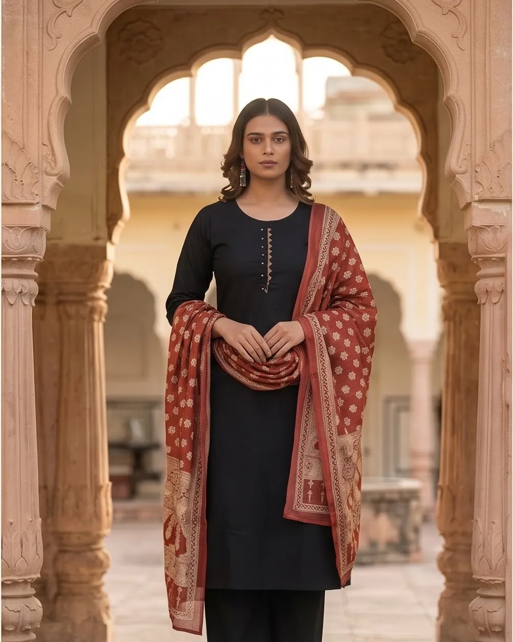 A woman in a maroon Chulbuli kurta set with a block-printed dupatta, standing in a Jaipur archway